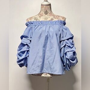 SADIE & LOVE Blue and white striped off shoulder ruffle top size M.‎